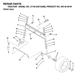 Front Axle Diagram and Parts List for LT130 (954820081-B)(1996-01) Husqvarna Lawn Tractor
