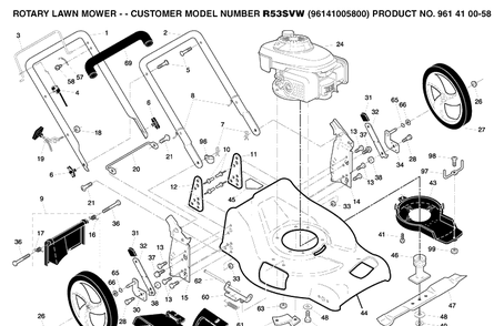 Frame And Engine Diagram and Parts List for R53SVW (96141005800)(2006-01) Husqvarna Lawn Mower