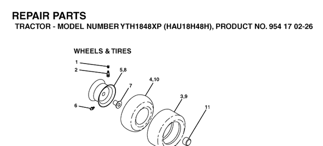 Wheels And Tires Diagram and Parts List for YTH1848XP (HAU18H48H)(2004-09) Husqvarna Lawn Tractor