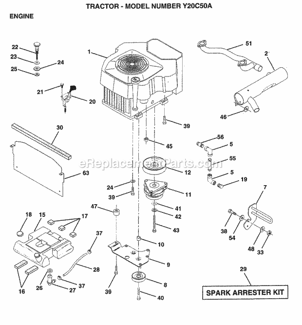 Engine Diagram and Parts List for Y20C50A 1995 Husqvarna Lawn Tractor
