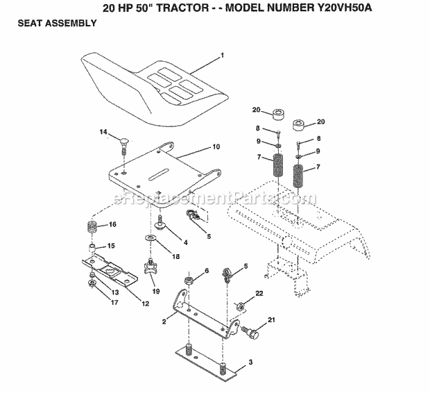 20 Hp 50" Seat Assembly Diagram and Parts List for Y20VH50A 1994 Husqvarna Lawn Tractor