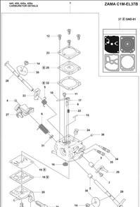 Carburetor Details Diagram and Parts List for 450E 2009-02 Husqvarna Chainsaw
