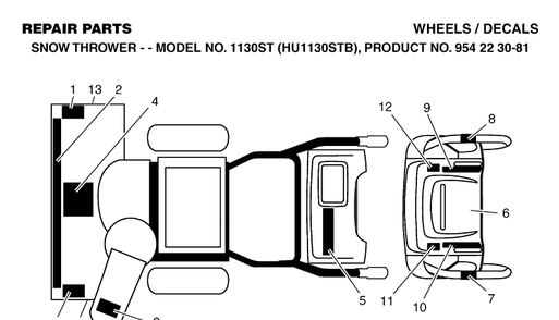 Decals Diagram and Parts List for 1130ST (HU1130STB)(2004-03) Husqvarna Snow Blower