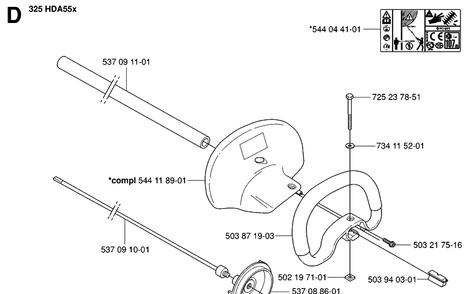 Shaft And Handle Diagram and Parts List for 325HA110 20054000001-20040100000 Husqvarna Hedge Trimmer