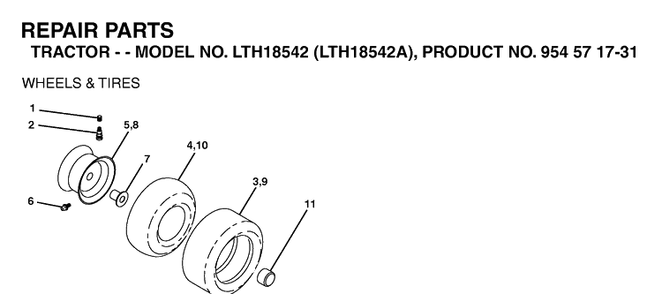 Wheels And Tires Diagram and Parts List for LTH18542-LTH18542A 2003-11 Husqvarna Lawn Tractor