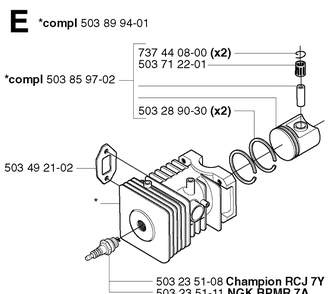 Cylinder Piston Diagram and Parts List for 225H75 20022200001-Current Husqvarna Hedge Trimmer