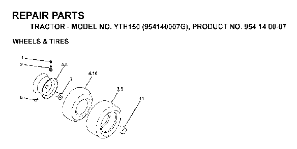 Wheels And Tires Diagram and Parts List for YTH150 (954140007G, 954140007)(1998-09) Husqvarna Lawn Tractor