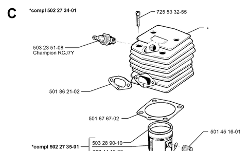 Cylinder Piston Diagram and Parts List for 250PS 19960500001-19984000000 Husqvarna Pole Saw