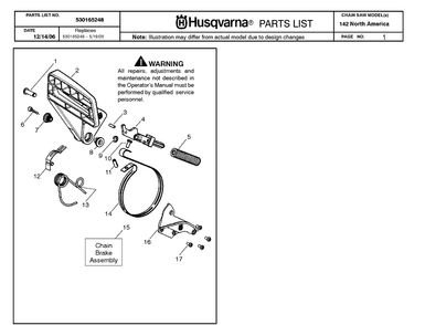 Chain Brake Diagram and Parts List for 142 20064900001-20070100000 Husqvarna Chainsaw