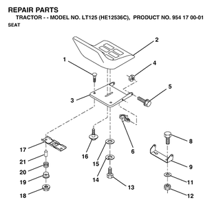 Seat Diagram and Parts List for LT125 (HE12536C)(1998-03) Husqvarna Lawn Tractor