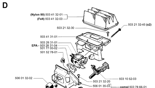 Carburetor And Air Filter Diagram and Parts List for 40 20013500001-Current Husqvarna Chainsaw