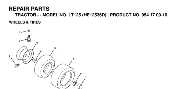 Wheels And Tires Diagram and Parts List for LT125 (HE12536D)(1998-12) Husqvarna Lawn Tractor