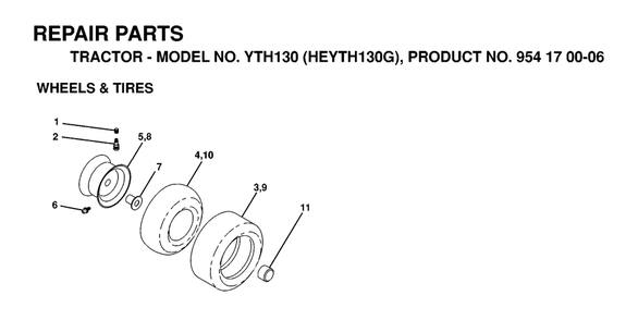 Wheels And Tires Diagram and Parts List for YTH130 (954170006-G)(1998-12) Husqvarna Lawn Tractor
