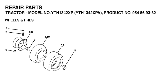 Wheels And Tires Diagram and Parts List for YTH1342XP-YTH1342XPA 2003-03 Husqvarna Lawn Tractor