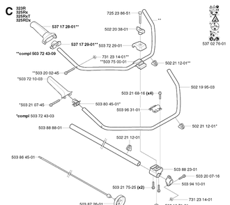 Shaft And Handle 2 Diagram and Parts List for 325RDX 20020100001-20051800000 Husqvarna Brush Cutter