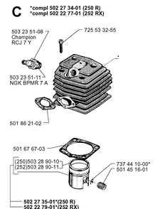 Cylinder Piston Diagram and Parts List for 252RX 19991400001-20011800000 Husqvarna Brush Cutter