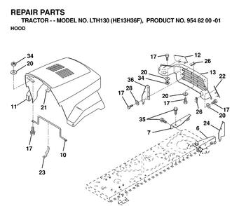 Hood Diagram and Parts List for LTH130 (HE13H36F)(1998-12) Husqvarna Lawn Tractor