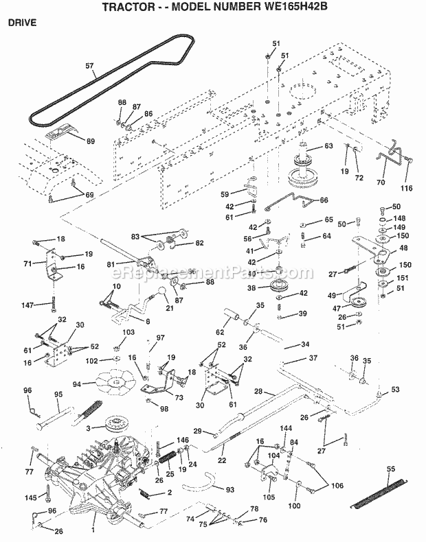 Drive Diagram and Parts List for WE165H42B 1998 Husqvarna Lawn Tractor