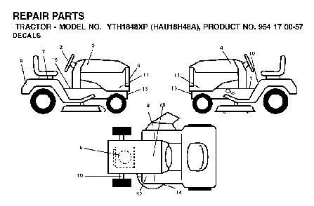 Decals Diagram and Parts List for YTH1848XP (HAU18H48A, 954170057)(2003-01) Husqvarna Lawn Tractor