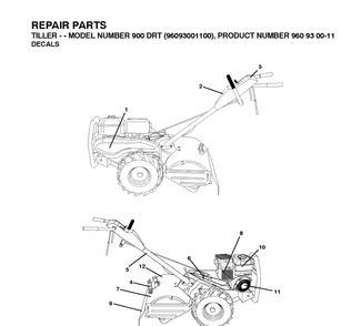 Decals Diagram and Parts List for DRT900 (96093001101)(2010-10) Husqvarna Cultivator