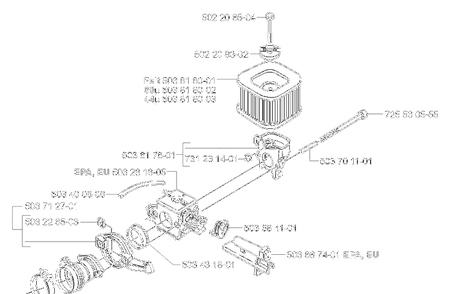 Air Filter/Carburetor Diagram and Parts List for 372XPW 2007-01 Husqvarna Chainsaw