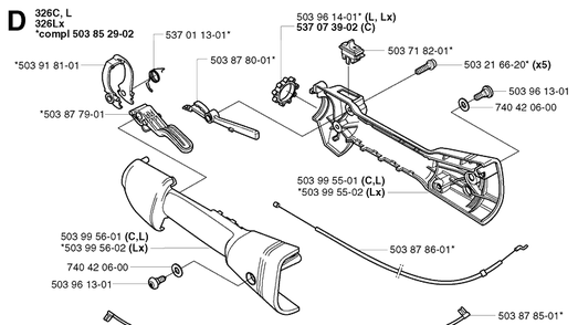 Throttle Controls Diagram and Parts List for 326C 20020500001-20023100000 Husqvarna Edger