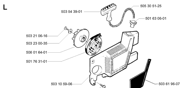 Starter Diagram and Parts List for 49 19960100001-19981800000 Husqvarna Chainsaw