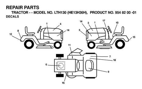 Decals Diagram and Parts List for LTH130 (954820001-H)(2000-02) Husqvarna Lawn Tractor