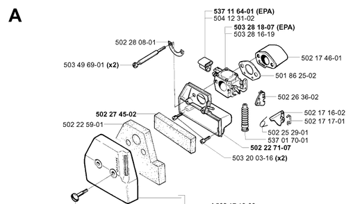 Carburetor And Air Filter 2 Diagram and Parts List for 252RX 20011800001-20023100000 Husqvarna Brush Cutter