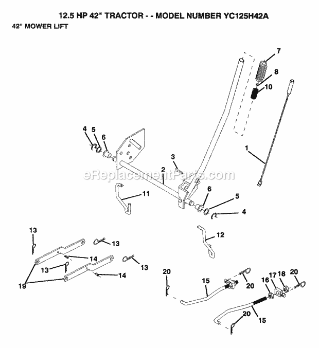 Mower Lift Diagram and Parts List for YC125H42A 1993 Husqvarna Lawn Tractor
