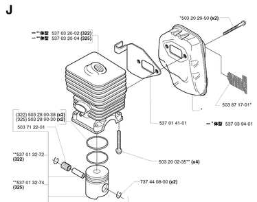 Cylinder Piston Diagram and Parts List for 325RX 20001900001-20010500000 Husqvarna Brush Cutter