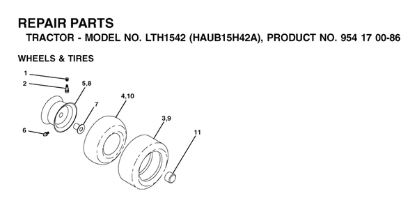 Wheels And Tires Diagram and Parts List for LTH1542 (954170086-A)(2003-01) Husqvarna Lawn Tractor