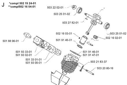 Cylinder Piston Diagram and Parts List for 16H 1990-02 Husqvarna Hedge Trimmer