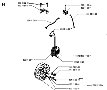 Ignition System Diagram and Parts List for 45 19952300001-19981800000 Husqvarna Chainsaw