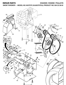 Chassis, Engine And Pulleys Diagram and Parts List for 8527STE (HL8527STEA)(2004-03) Husqvarna Snow Blower
