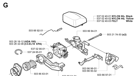 Carburetor And Air Filter Diagram and Parts List for 340 20041000001-Current Husqvarna Chainsaw