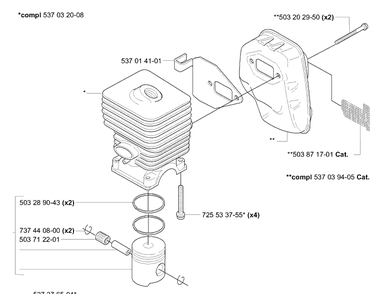 Piston / Cylinder / Muffler Diagram and Parts List for 323L 2006-04 Husqvarna Trimmer