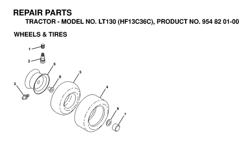 Wheels And Tires Diagram and Parts List for LT130 (954820100-C)(1998-12) Husqvarna Lawn Tractor