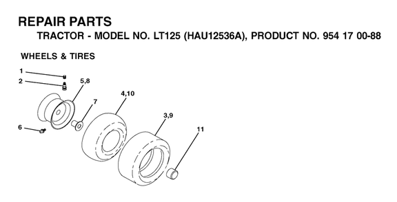Wheels And Tires Diagram and Parts List for LT125 (954170088-A)(2003-01) Husqvarna Lawn Tractor