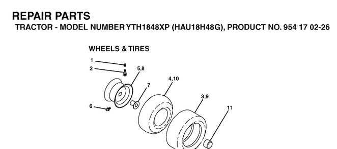 Wheels And Tires Diagram and Parts List for YTH1848XP (HAU18H48G)(2004-09) Husqvarna Lawn Tractor