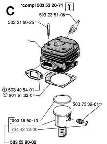Cylinder Piston Diagram and Parts List for 61 19970100001-19993100000 Husqvarna Chainsaw