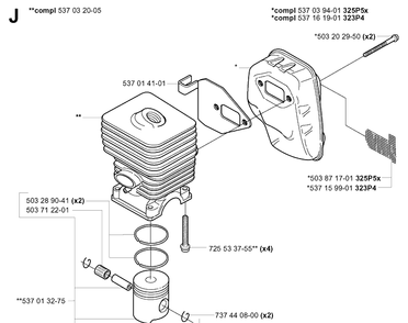 Cylinder, Piston And Muffler Diagram and Parts List for 325P 20042300001-20062999999 Husqvarna Pole Saw