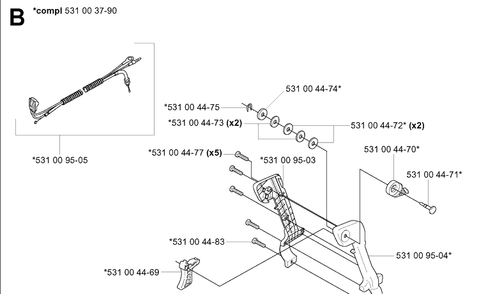 Handle And Controls Diagram and Parts List for 125BT (TH026D-AC57)(20041800001-Current) Husqvarna Leaf Blower / Vacuum