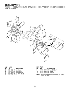 Tine Assembly Diagram and Parts List for 700DRT 2008-11 Husqvarna Cultivator