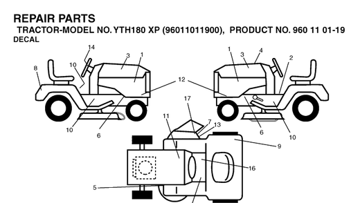 Decals Diagram and Parts List for YTH180XP (96011011900)(2006-01) Husqvarna Lawn Tractor