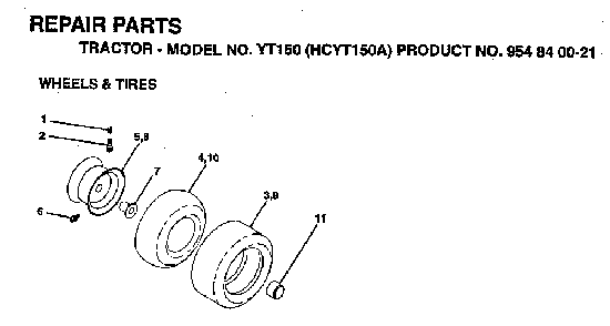 Wheels And Tires Diagram and Parts List for YT150 (HCYT150A, 954840021)(1996-01) Husqvarna Lawn Tractor