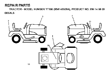 Decals Diagram and Parts List for YT180 (954140009A)(1997-01) Husqvarna Lawn Tractor