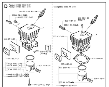 Cylinder Piston 2 Diagram and Parts List for 345 20013500001-20030100000 Husqvarna Chainsaw