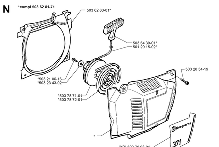 Starter Diagram and Parts List for 371XP 19960900001-19963500000 Husqvarna Chainsaw