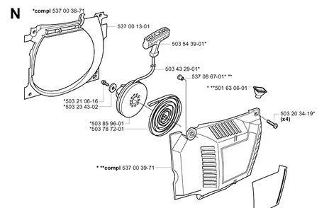 Starter Diagram and Parts List for 385XP 20011300001-20034000000 Husqvarna Chainsaw